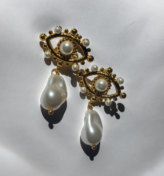 Evil Eyes Gold and Pearl Earring